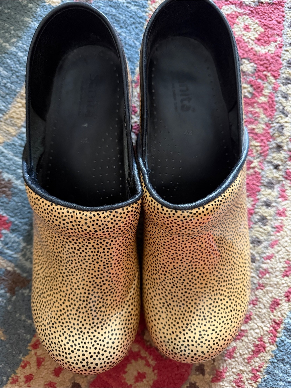 Sanita Tan Spotted Leather Clogs with Black Trim - Picture 1 of 7